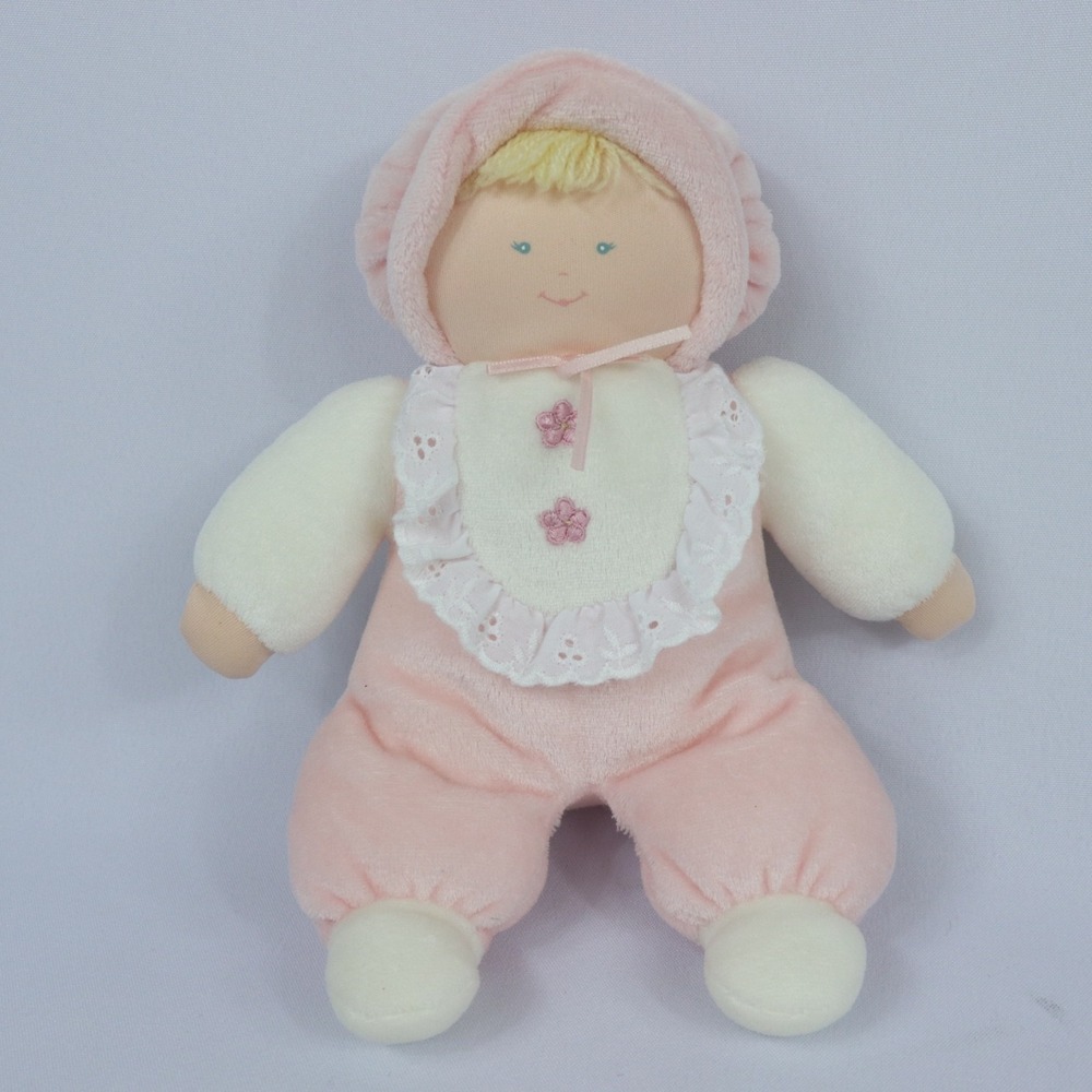 Vintage Eden Girl Baby Doll Plush Pink Velour Terry Cloth Blonde Hair Blue Eyes